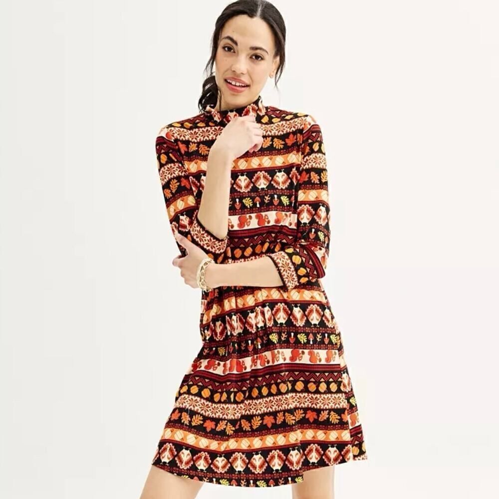 Celebrate Together Print Brushed 3/4 Sleeve Mock Neck Swing Dress-Size XXL